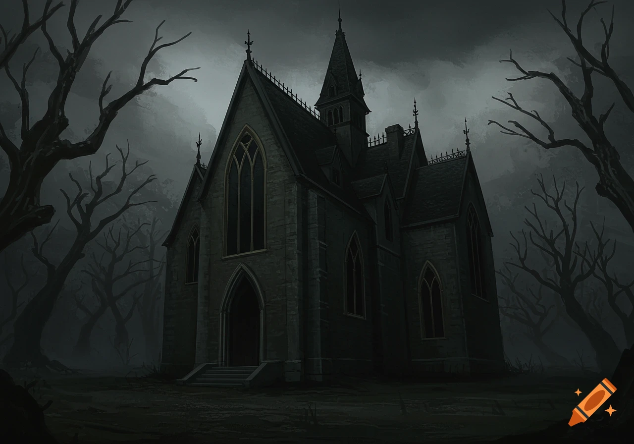 A dark, gloomy gothic church stands amidst bare, twisted trees under a somber sky, rendered in a painterly illustration style.