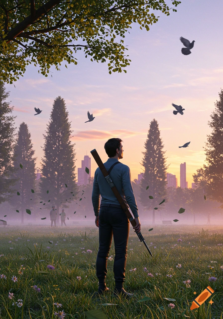 A man with a rifle over his shoulder stands in a misty park, looking towards a city skyline at sunset. Photorealistic.