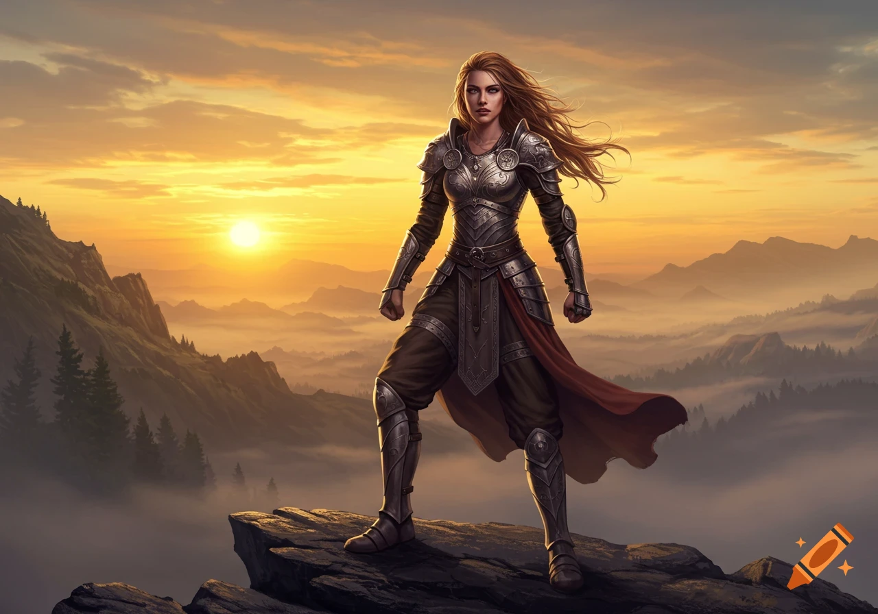 Confident woman warrior in detailed armor stands on a rocky cliff overlooking misty mountains at golden sunset in a fantasy digital painting.