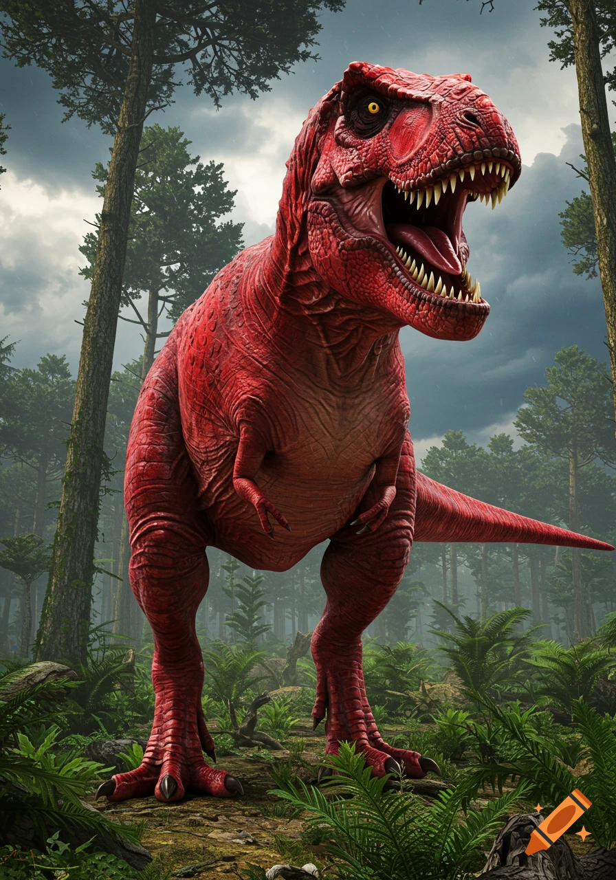 A vibrant red T-Rex with glowing yellow eyes stands menacingly in a dense, green prehistoric forest under a stormy sky.