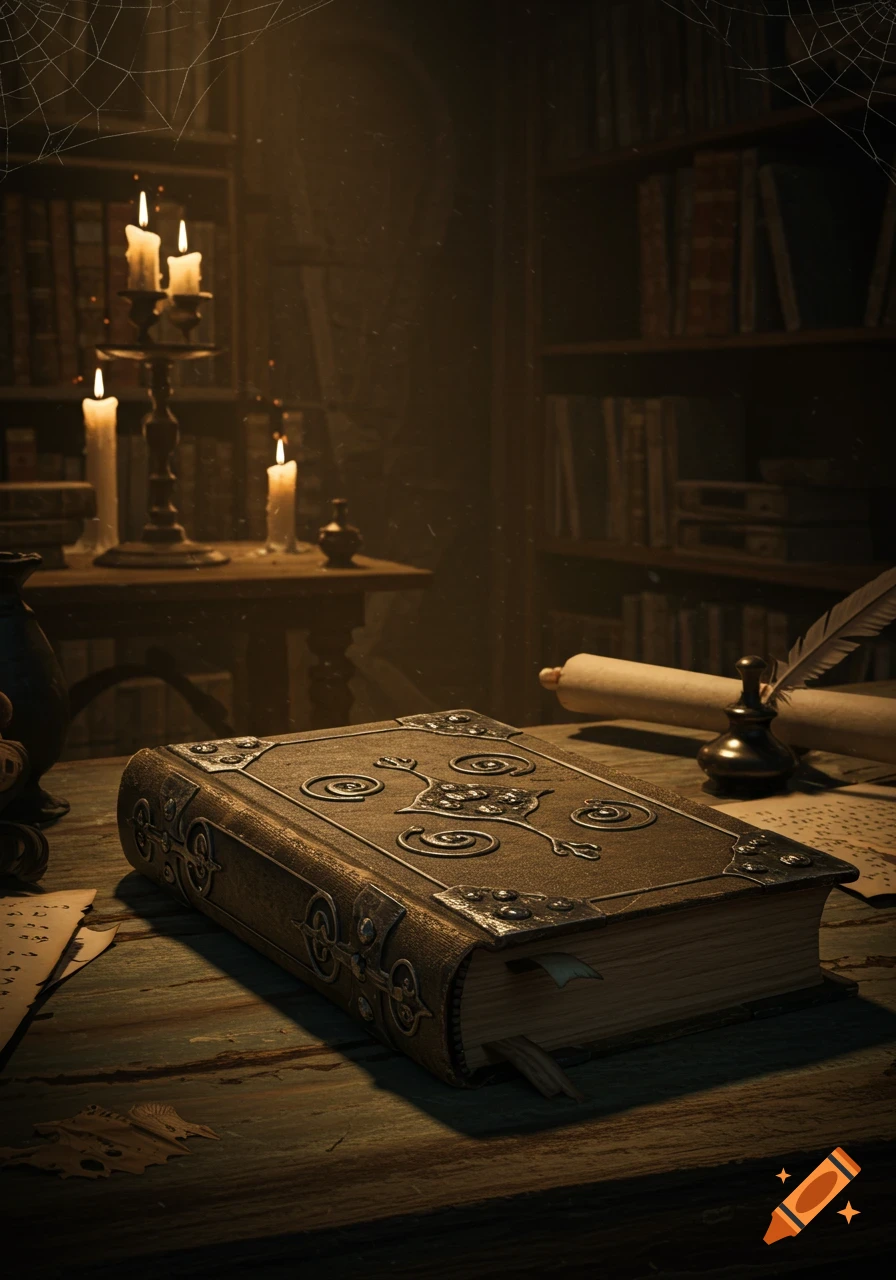 An old, ornate book with metal embellishments rests on a dark wooden desk beside lit candles, a quill, and scrolls in a dimly lit library.