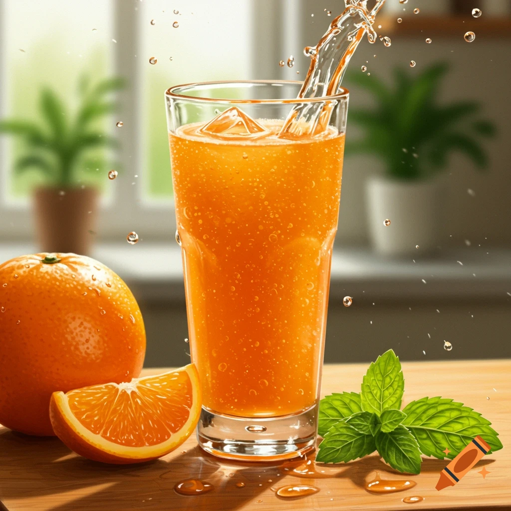 Photorealistic image of orange juice splashing into a glass with ice, fresh oranges, and mint leaves on a wooden table.
