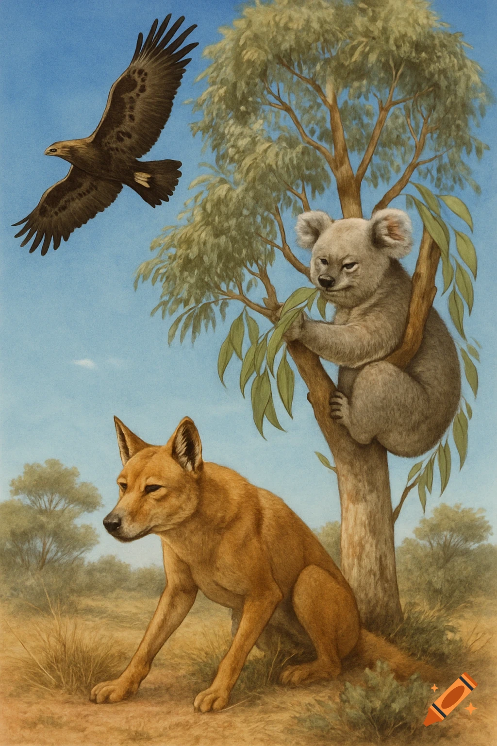 An illustration of a dingo sitting in a grassy landscape with a koala in a eucalyptus tree and an eagle flying in the sky.