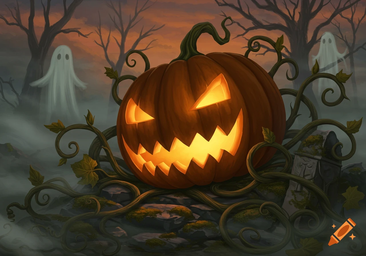 A glowing, spooky carved Halloween pumpkin with curling vines, leaves, and two ghostly figures in a misty, moonlit forest.
