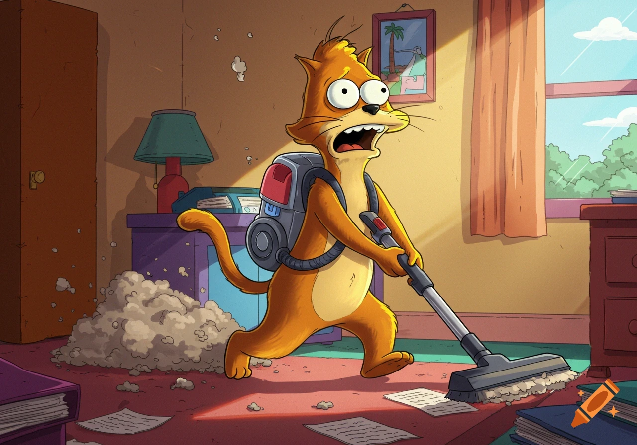 A wide-eyed cartoon orange cat wears a backpack vacuum and frantically vacuums a dusty, messy room with papers scattered on the floor.