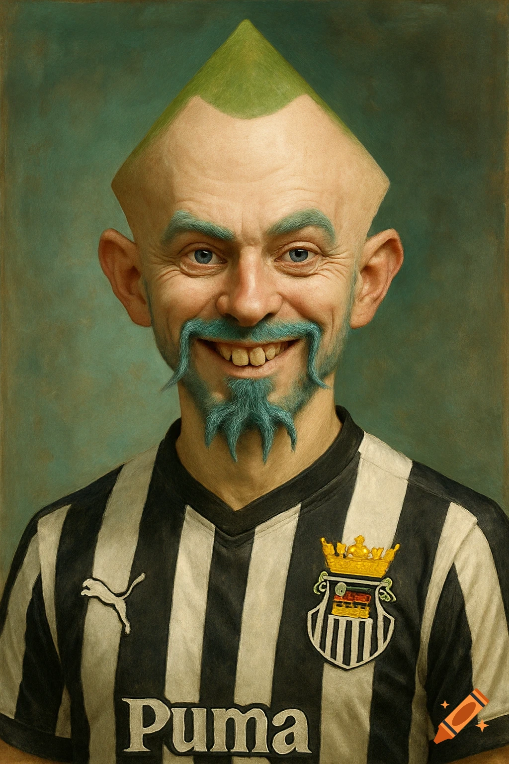 A man with a pointy green head, blue eyebrows, a spider-like blue beard, and rabbit teeth smiles in a striped football jersey.