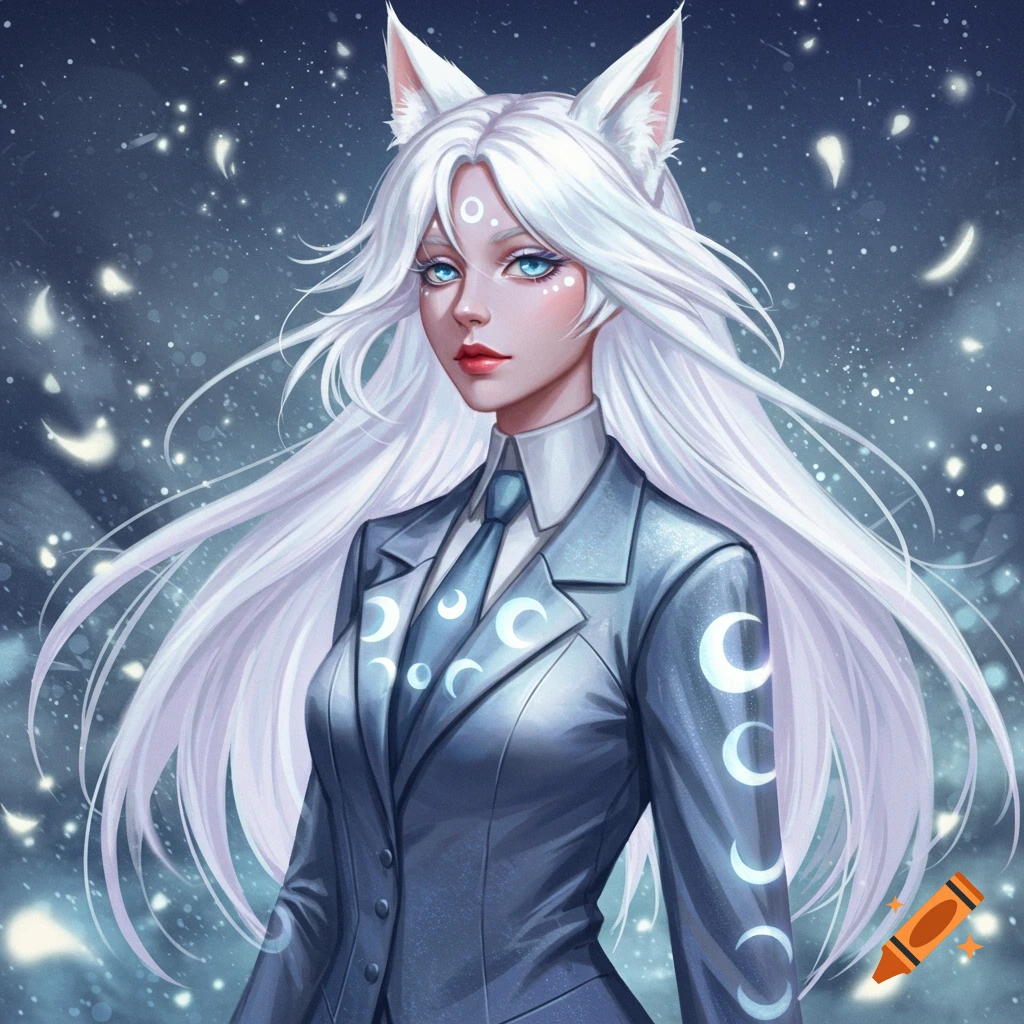 A digital painting of a woman with white fox ears, long white hair, and blue eyes wearing a silver and blue suit with crescent moons, against a starry background.