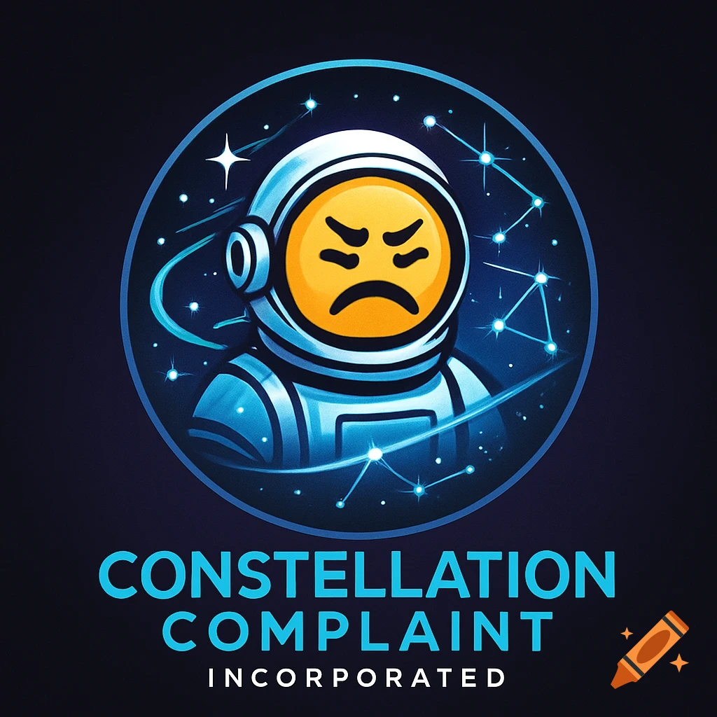 Company logo featuring an angry yellow emoji face in an astronaut helmet, surrounded by constellations, with text "CONSTELLATION COMPLAINT INCORPORATED" below.