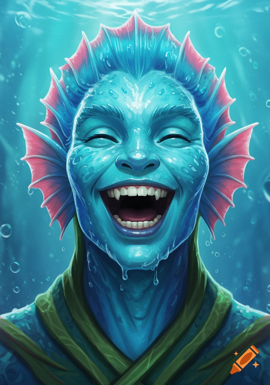 Close-up digital portrait of Morphling from Dota 2, a blue fantasy creature, laughing joyfully underwater.