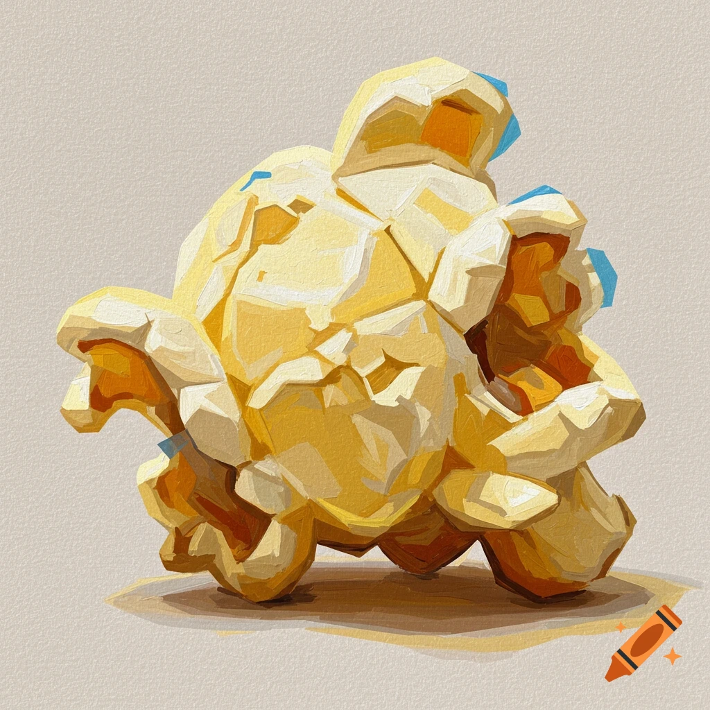 A cubist painting of a single piece of popcorn with yellow, white, and subtle blue facets casting a shadow on a light background.