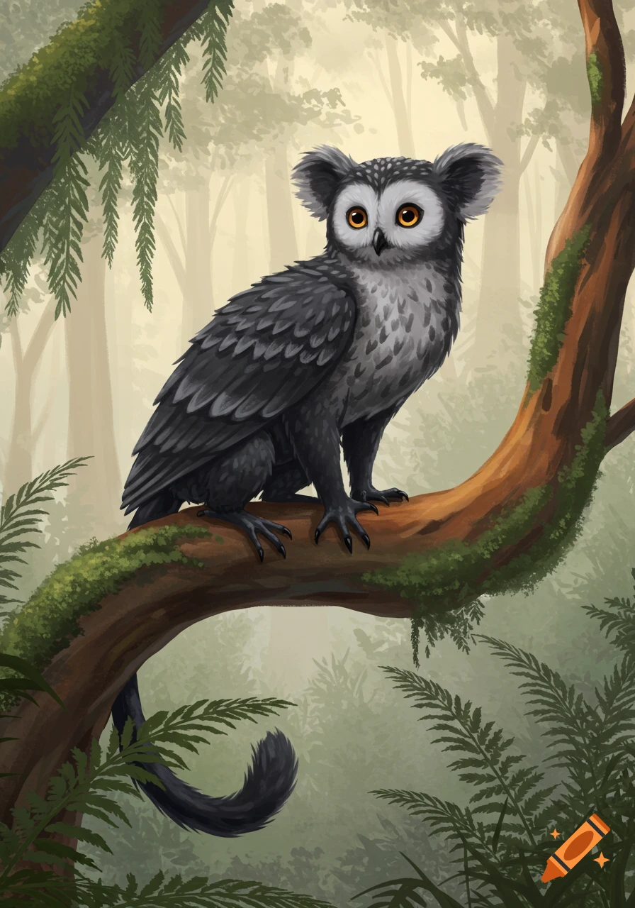An illustrative painting of a gray owl-cat-koala hybrid with orange eyes and fuzzy ears, perched on a mossy branch in a misty forest.