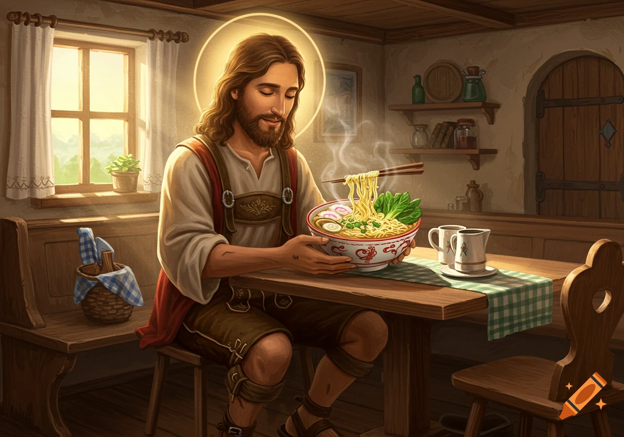 Jesus in Bavarian lederhosen happily eats a bowl of steaming ramen with chopsticks in a cozy, rustic room.