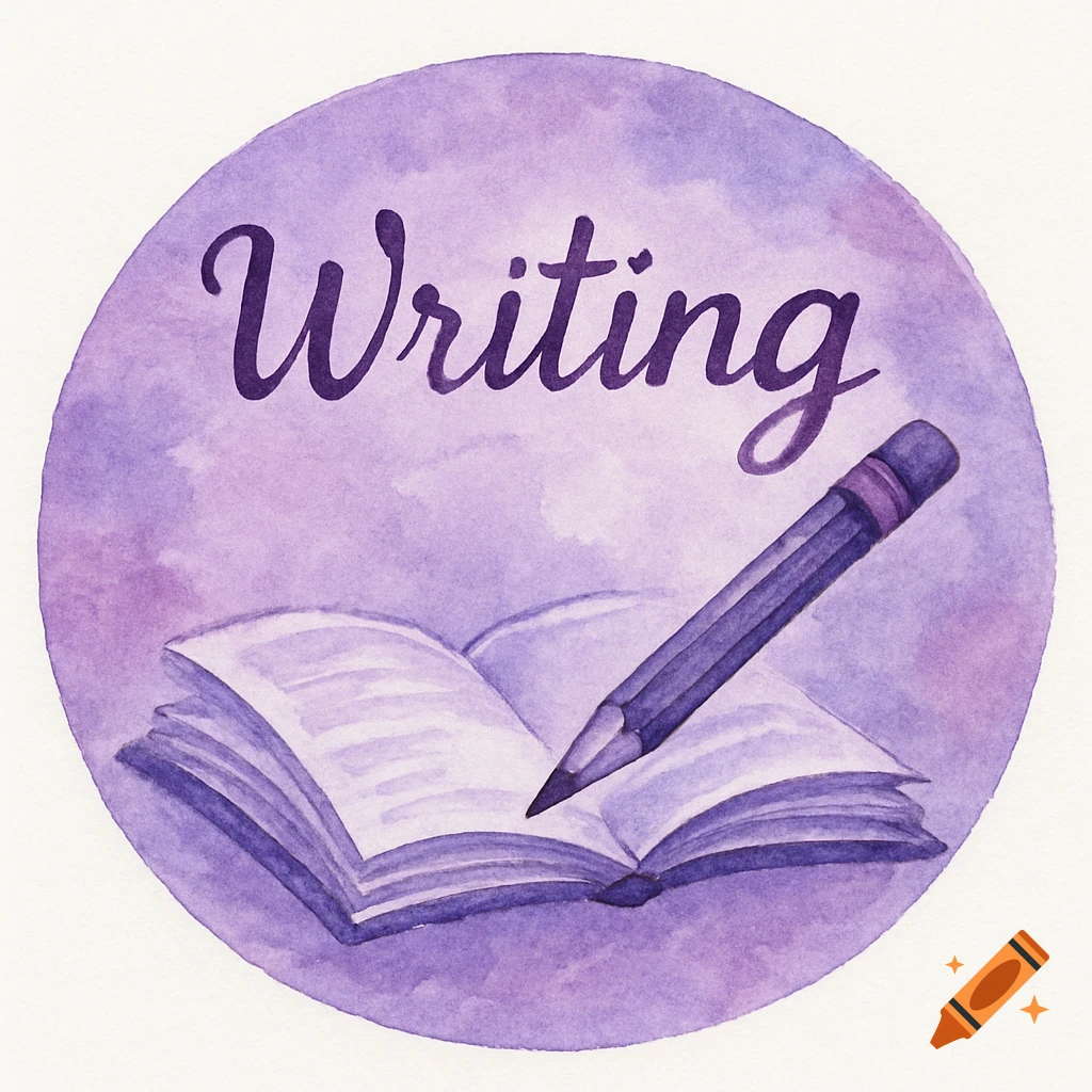 Violet watercolor round badge with 'Writing' text, an open book, and a pencil.