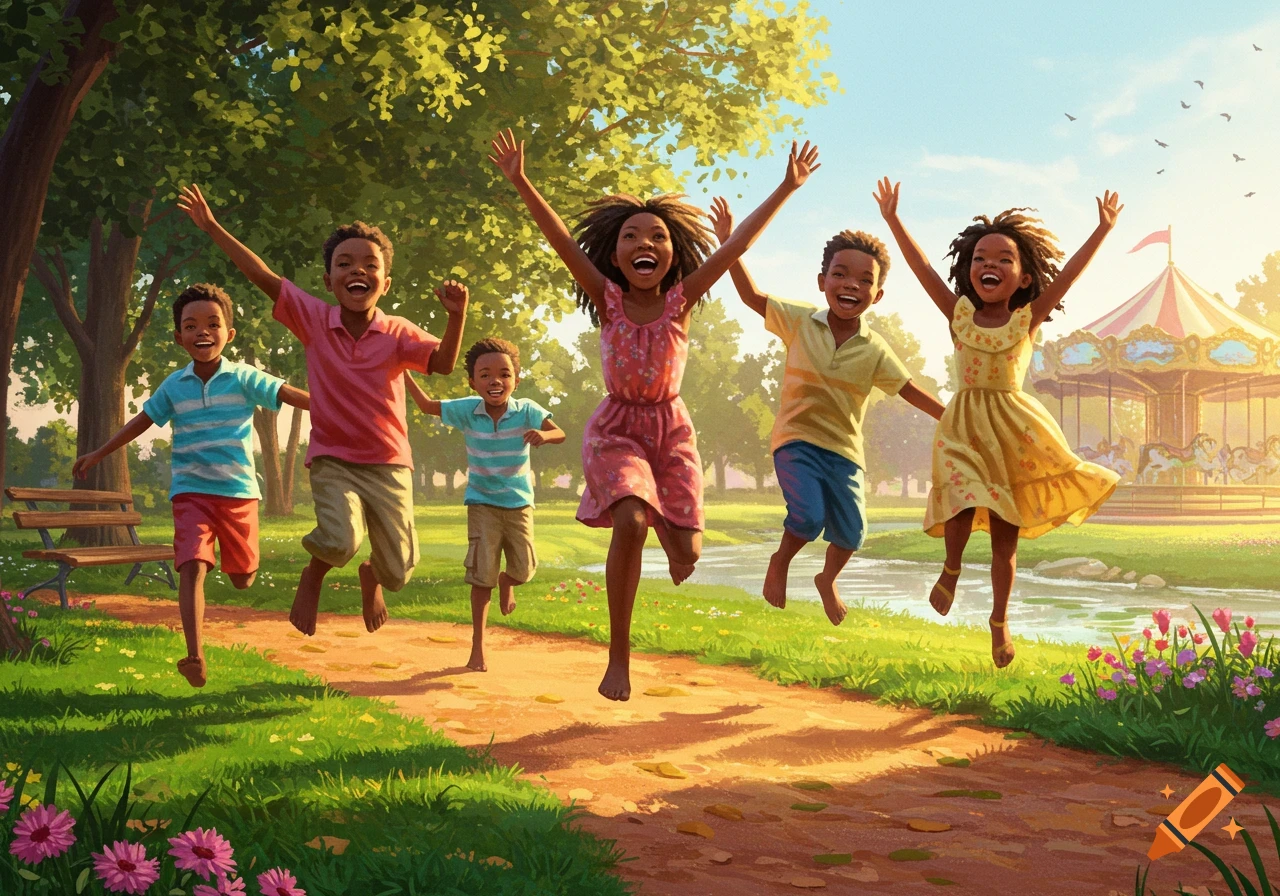 Six happy Black children jump and run barefoot on a sunny park path with a colorful carousel in the background, in a vibrant illustration style.
