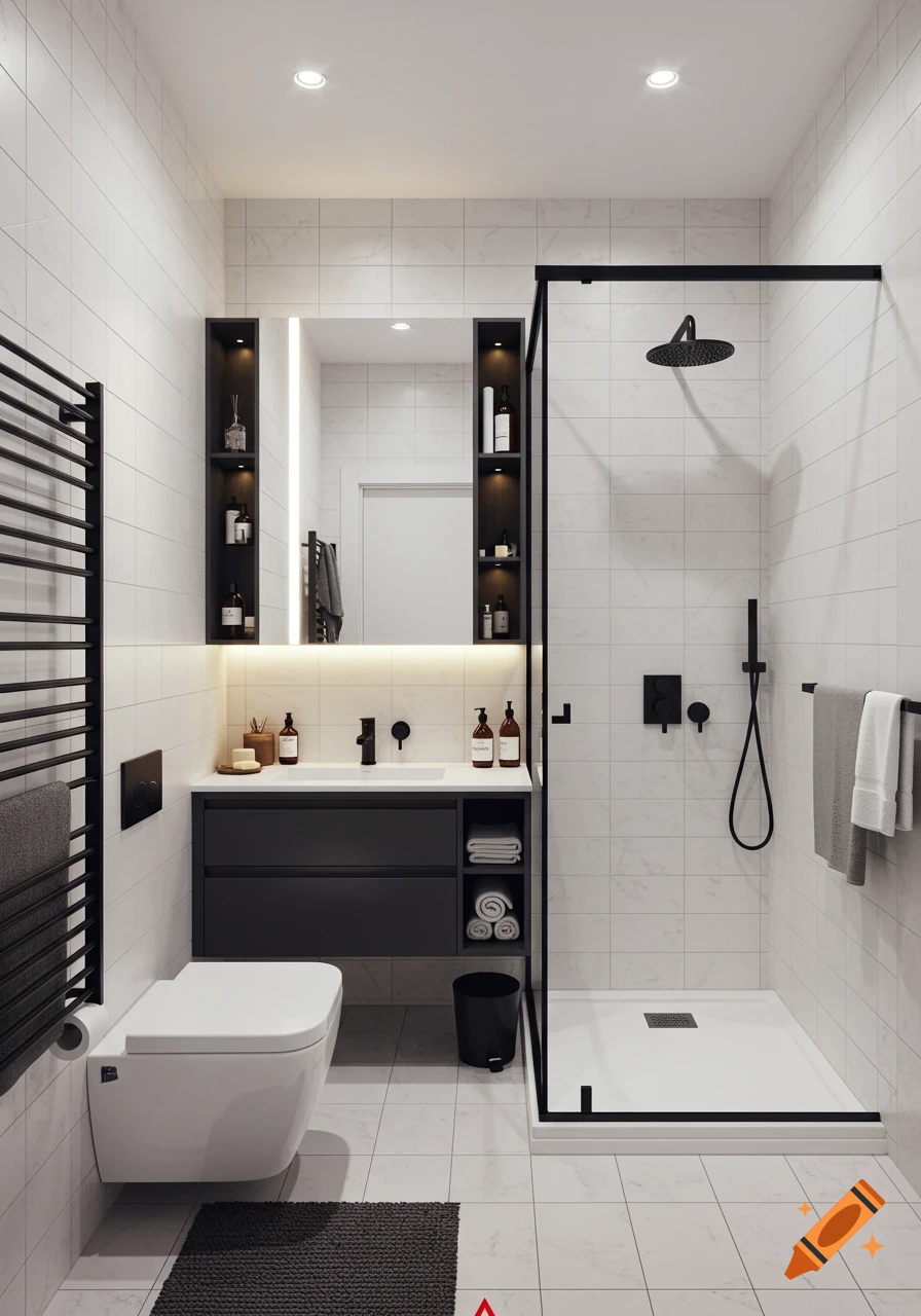 A modern, minimalist bathroom with white tiled walls, black fixtures, floating toilet, vanity, and glass shower.