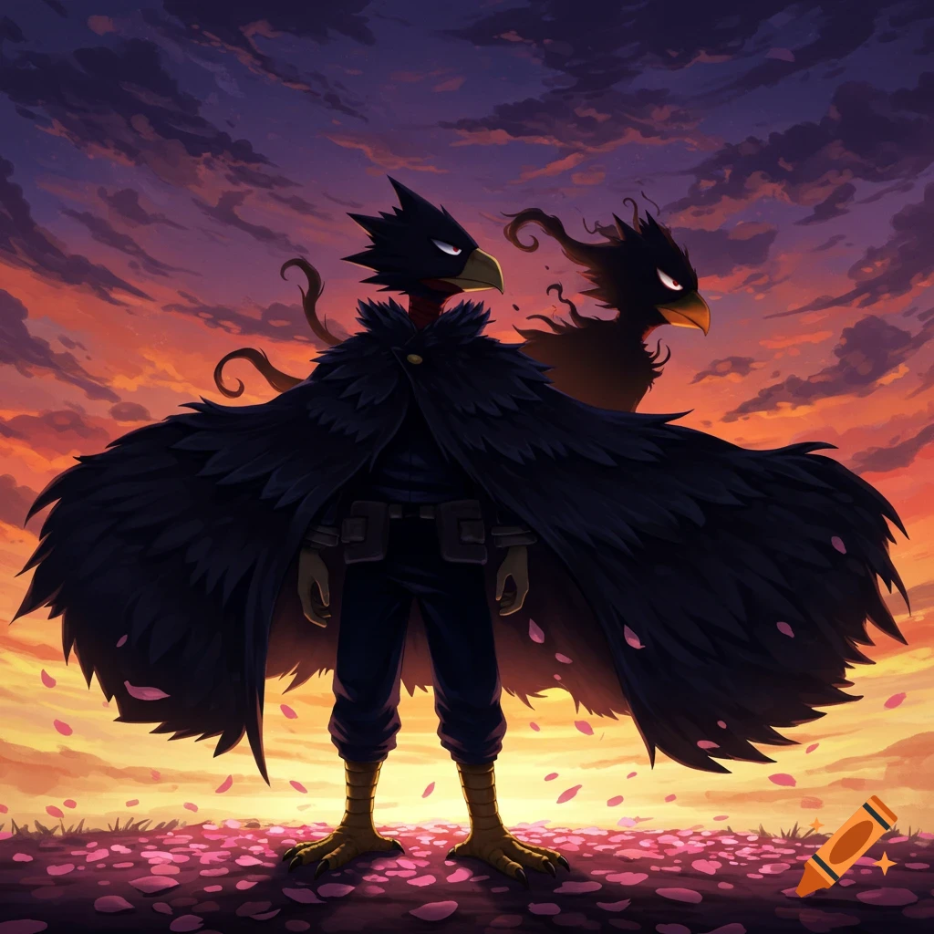 Tokoyami, a bird-headed character in a black cloak, stands with a shadowy figure against a dramatic sunset sky with pink petals.