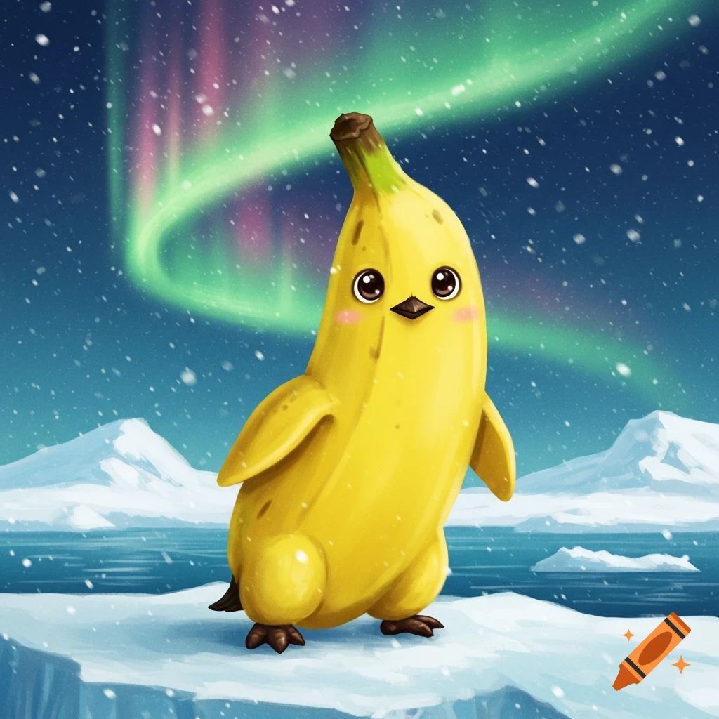 Cute cartoon banana penguin standing on an ice floe under the aurora borealis in a snowy arctic landscape.