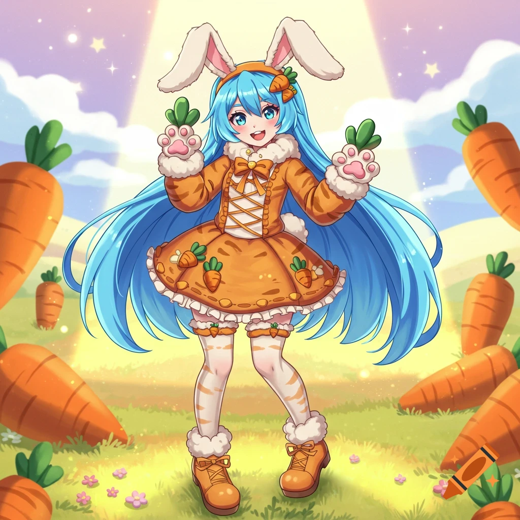 Cute anime girl with blue hair and bunny ears in a carrot-themed dress, holding carrots in a sunny field.