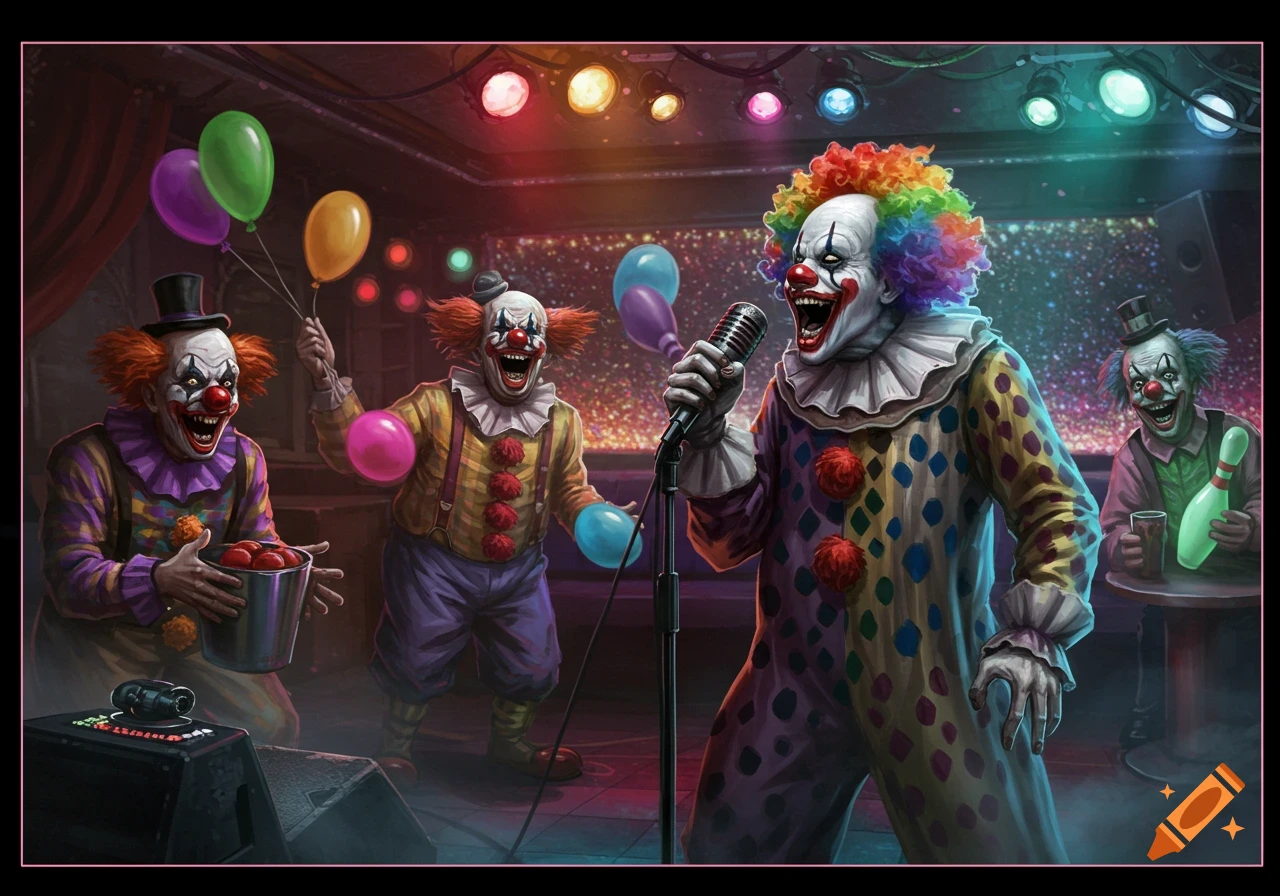 Illustration of several creepy clowns, one with rainbow hair singing karaoke into a microphone, surrounded by others holding balloons and party items under colorful stage lights.