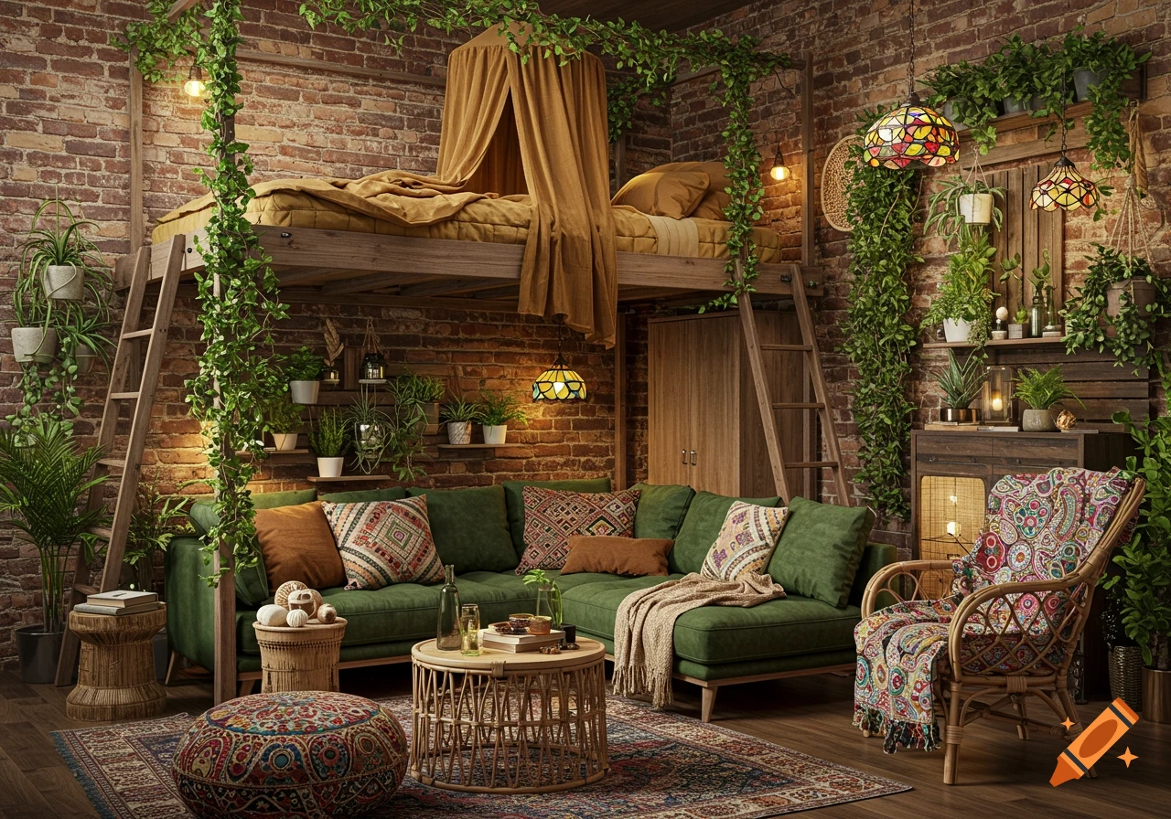 Bohemian loft bedroom with a green L-shaped couch, rattan furniture, and abundant vines against a brick wall.
