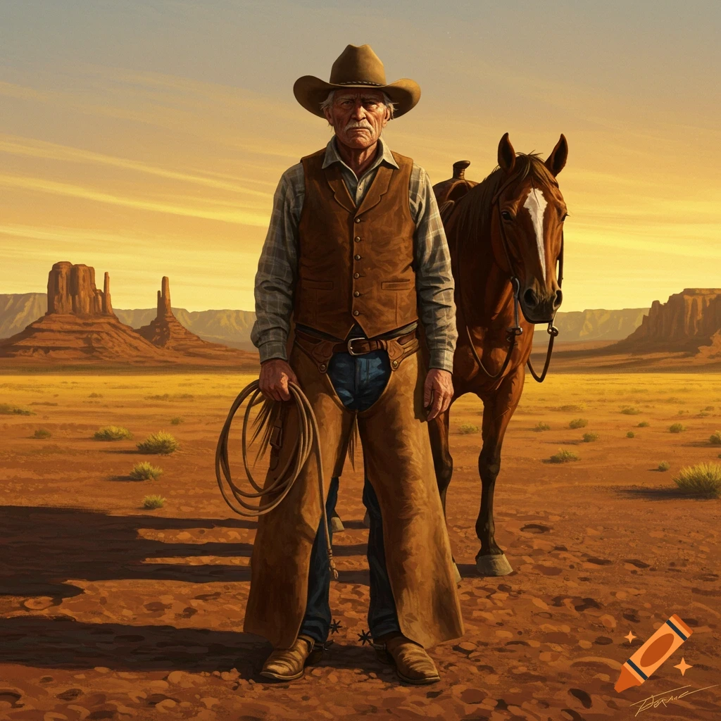 An old cowboy stands with a lasso next to a horse in a desert landscape with mesas at sunset.