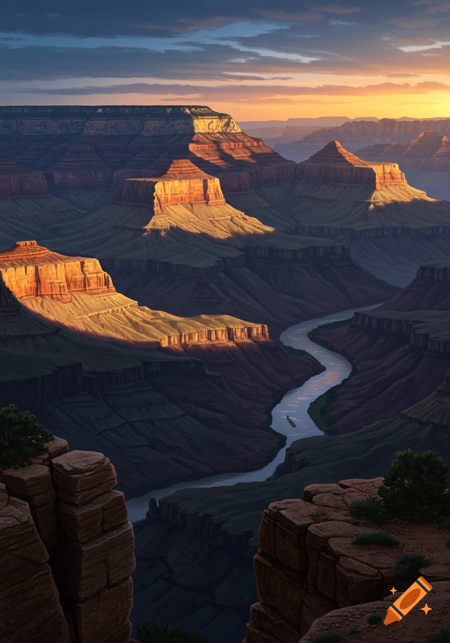 A stylized panoramic view of a vast canyon at sunset, with a river winding through the gorge and sunlight illuminating the peaks.