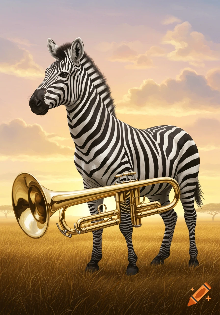 A zebra stands in a golden savanna at sunset, holding a shiny brass trumpet.
