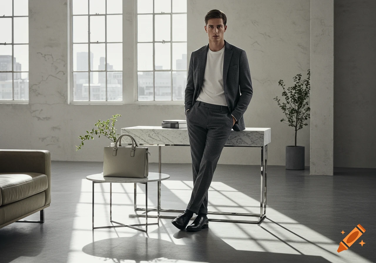 A stylish man in a grey suit and white t-shirt leans on a marble desk in a modern office with large windows.