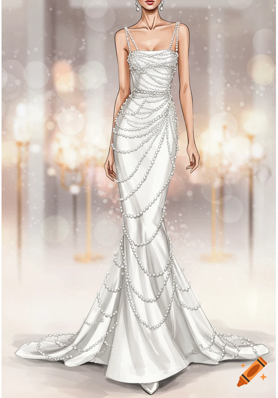 Illustrated woman in a long white pearl-adorned mermaid gown and pearl earrings against a blurred light background.