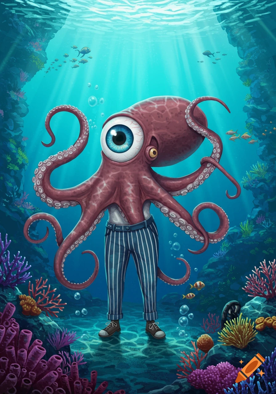 A red eyeball octopus with a large blue eye for a head wears striped trousers and shoes, standing on a seabed among colorful coral.