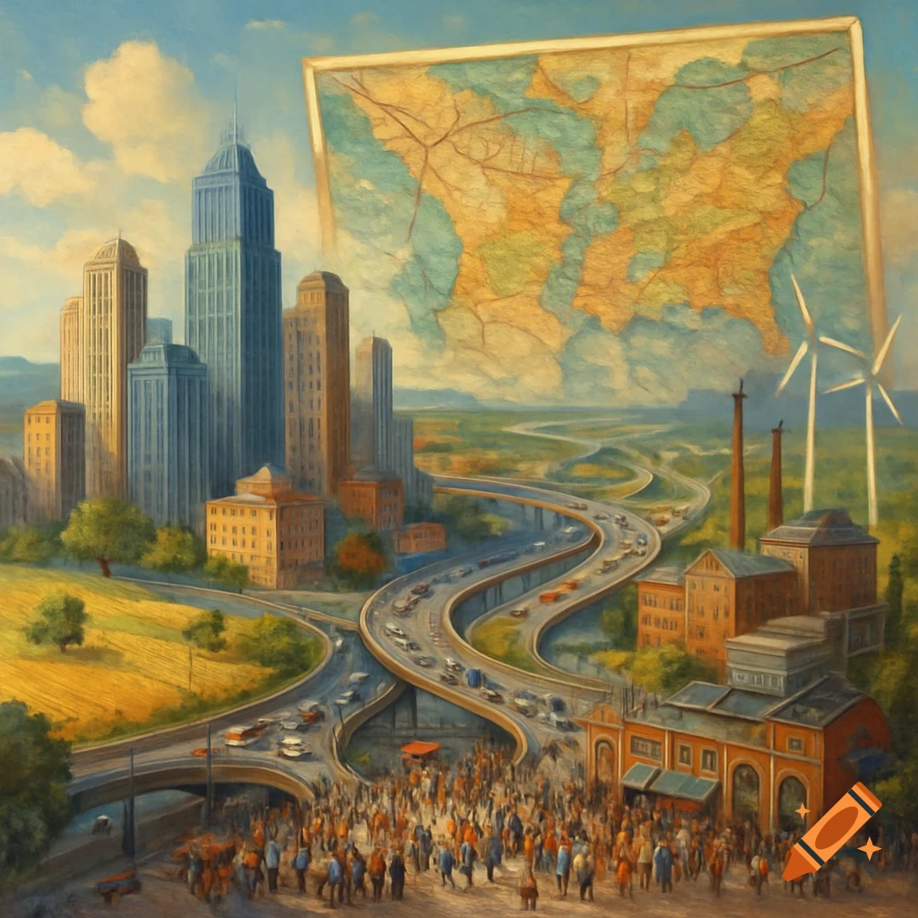 Painterly cityscape with skyscrapers, highways, factories, crowds, wind turbines, and a large map overhead.