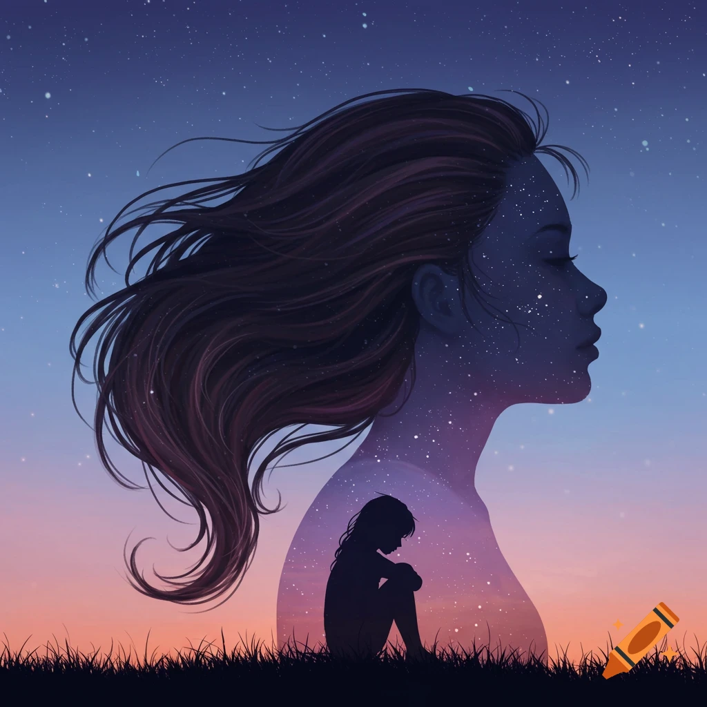 Digital art silhouette of a woman's head with a sad child's silhouette inside, set against a starry twilight sky and grassy foreground.