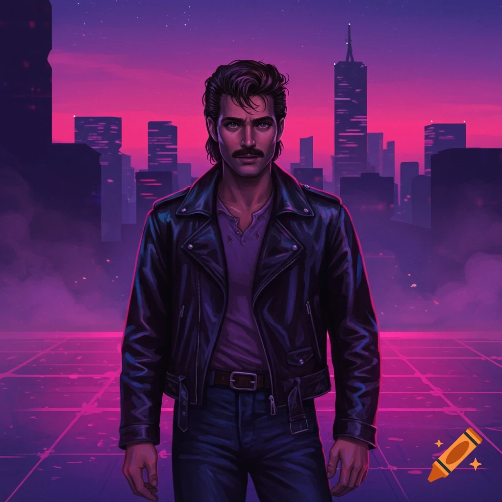 A man with a mullet and mustache in a leather jacket stands on a neon grid in front of a cyberpunk city skyline.