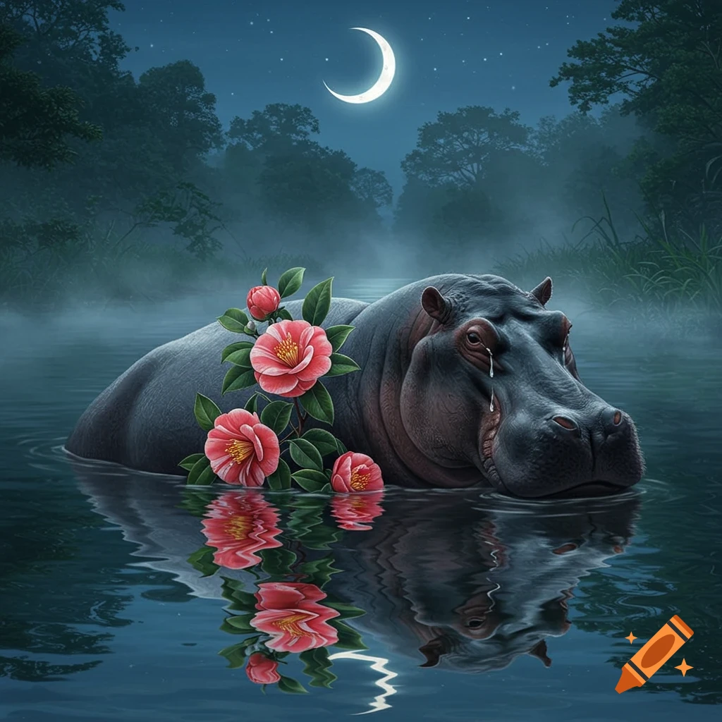 A crying hippo floats in a misty river at night with pink camellia flowers on its back under a crescent moon.