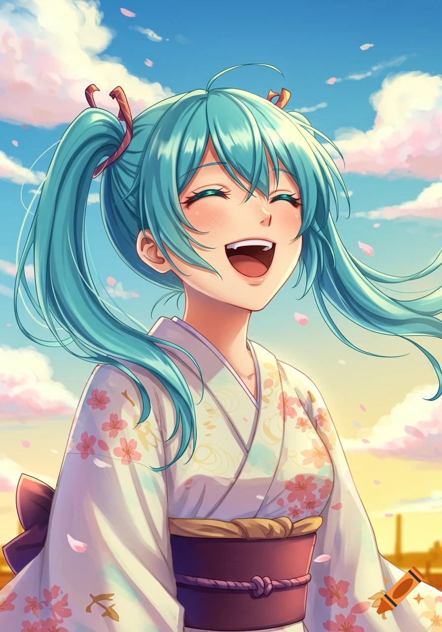 Joyful anime girl with teal pigtails, wearing a white kimono with cherry blossoms, laughing under a bright sky with falling petals.