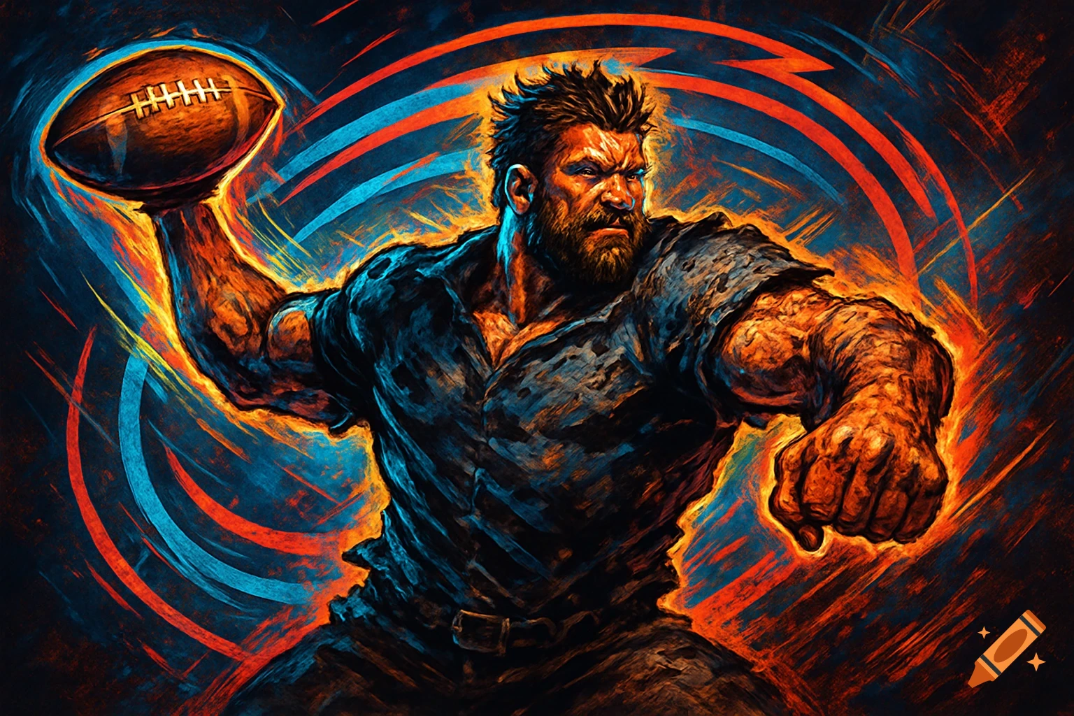 Muscular brawler throwing an American football, depicted in vibrant, energetic digital art with red and blue streaks.