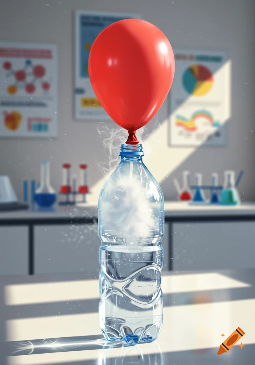 A red balloon sits atop a plastic water bottle filled with water and mist, in a lab setting.