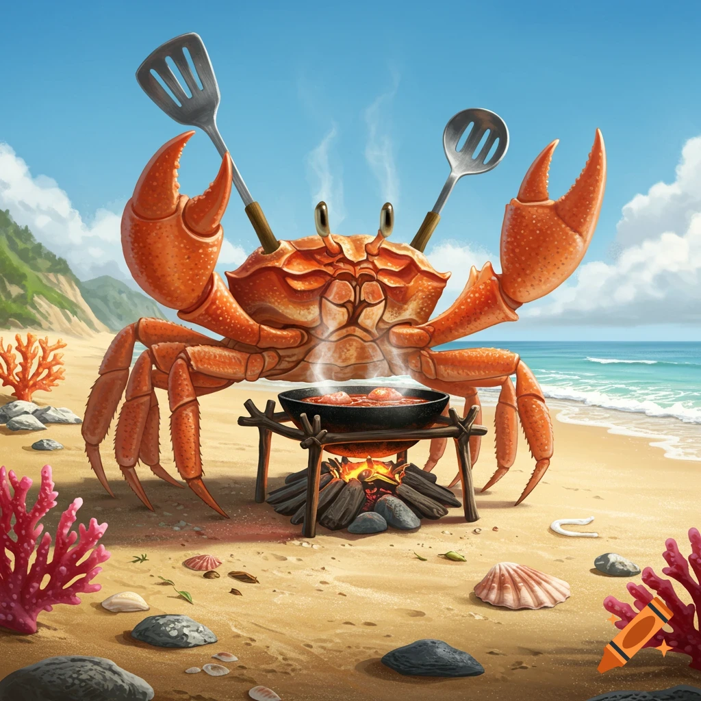 A giant, cartoonish orange crab cooks a meal in a pan over a fire on a sunny sandy beach, holding spatulas.