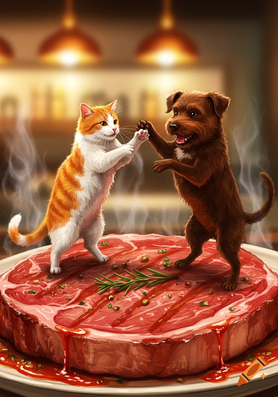 A cartoon orange cat and brown dog stand and dance on a raw steak with herbs, steaming in a restaurant.