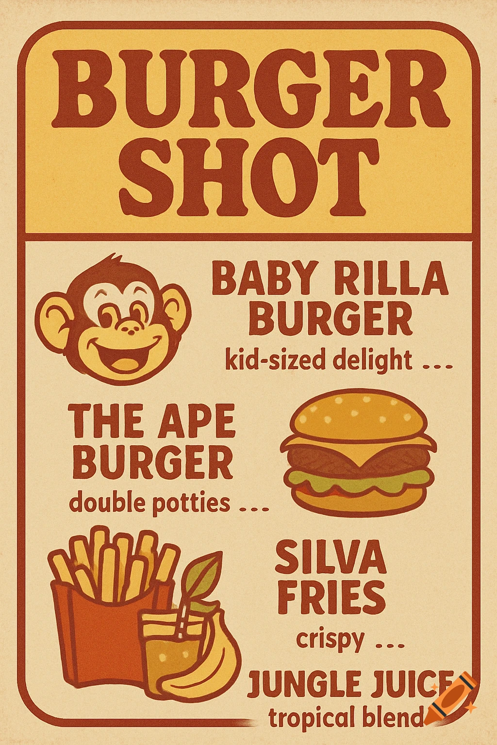 A vintage-style fast food menu poster for "Burger Shot" restaurant. It features cartoon illustrations of a monkey, a burger, fries, and a tropical drink, with text listing menu items and descriptions.