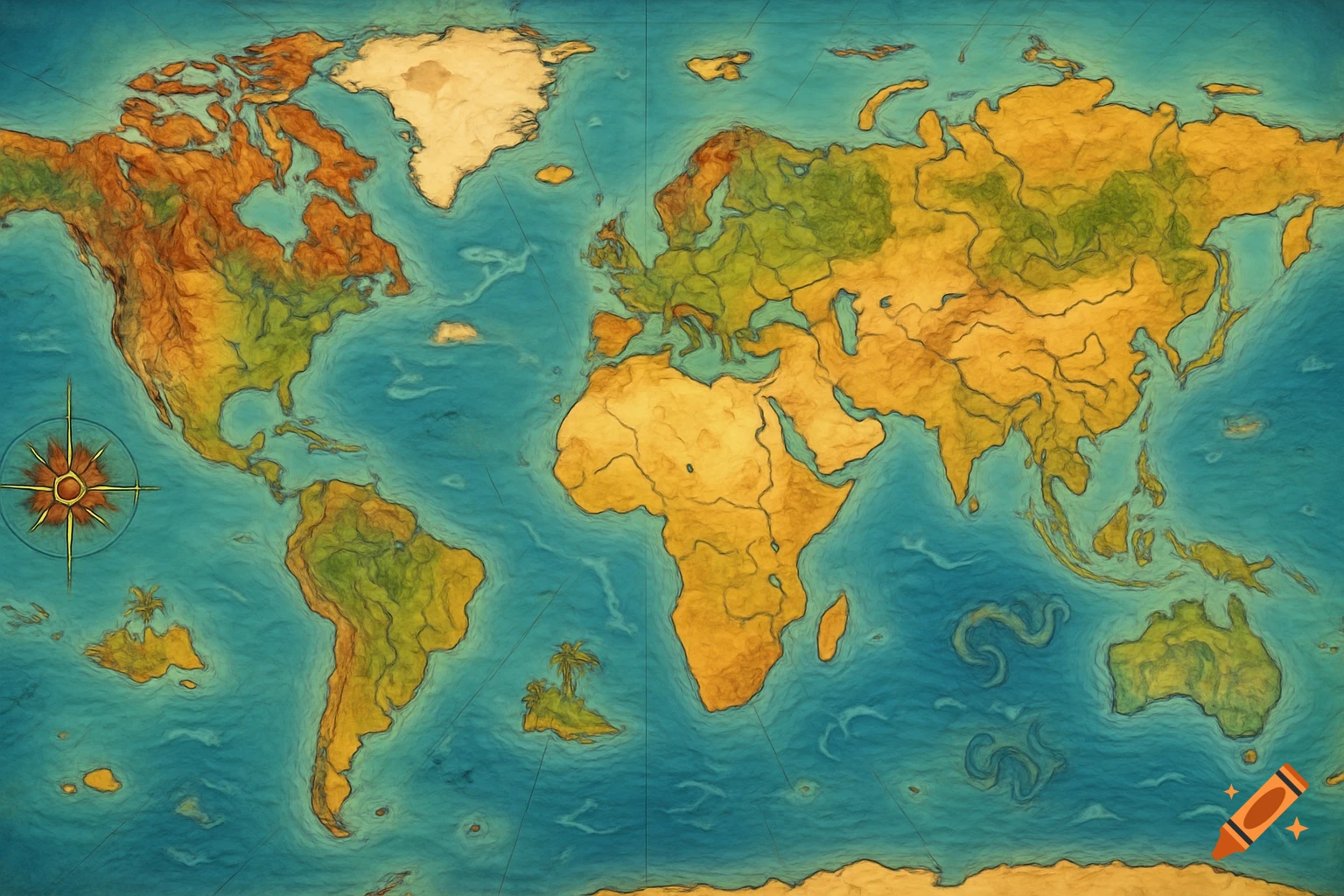 A stylized, antique-looking world map with continents in earthy tones and blue oceans, featuring a compass rose.