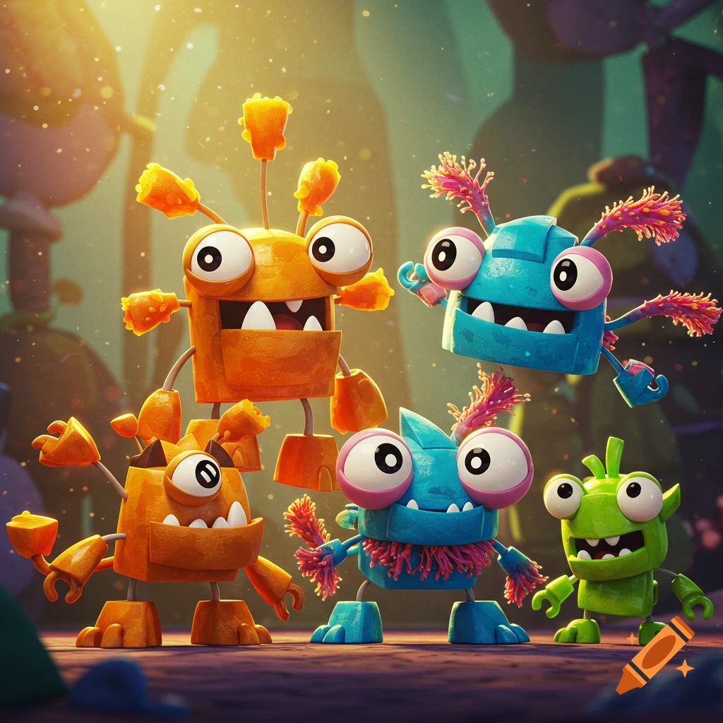 Five colorful, cartoon-style monsters with big eyes and sharp teeth stand together in a vibrant, blurry setting.