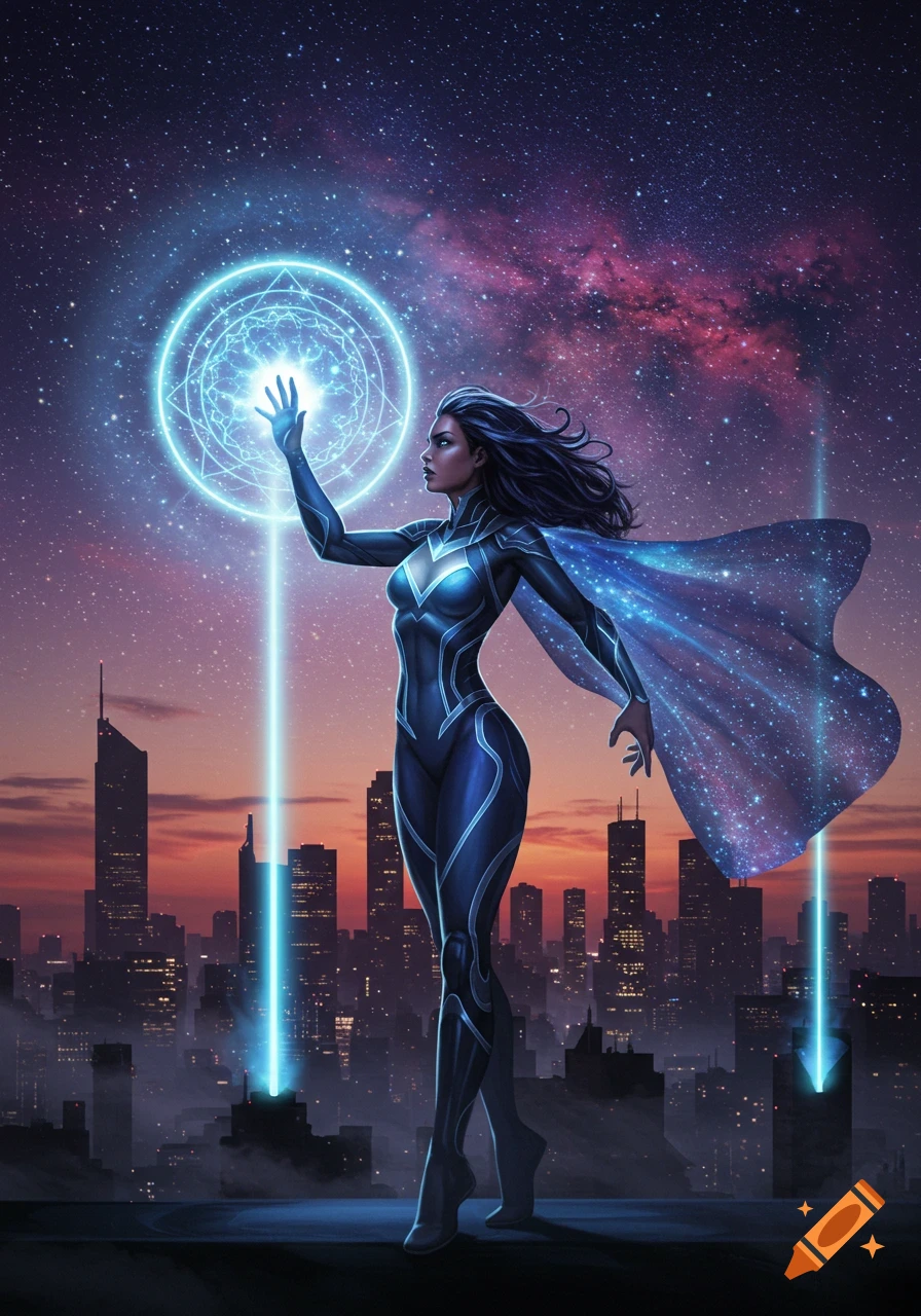 Superheroine in a blue suit and cosmic cape creating a glowing force field over a futuristic city at sunset under a starry sky.