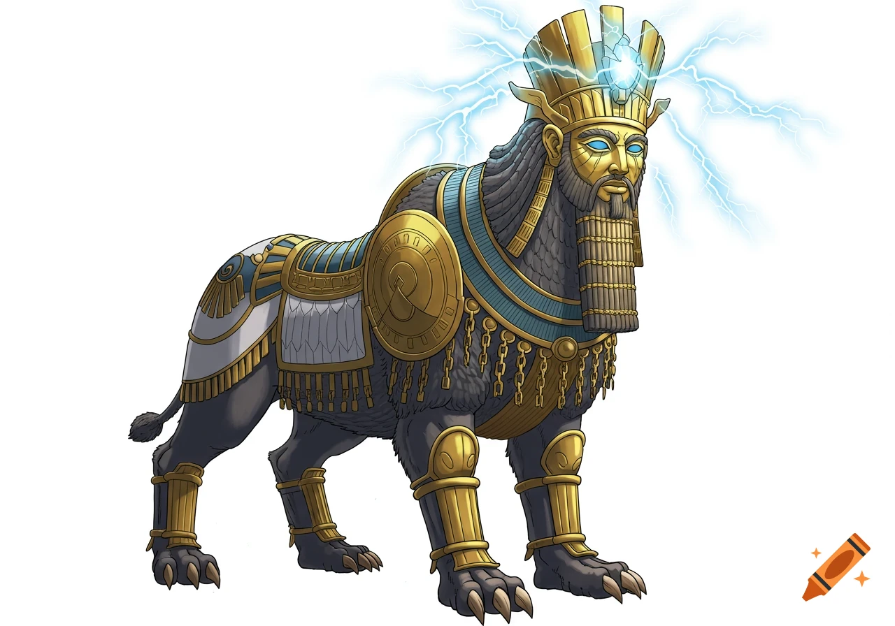 An armored mythological Babylonian lamassu with a golden king's face, lion body, and lightning from its crown, in painted anime style.