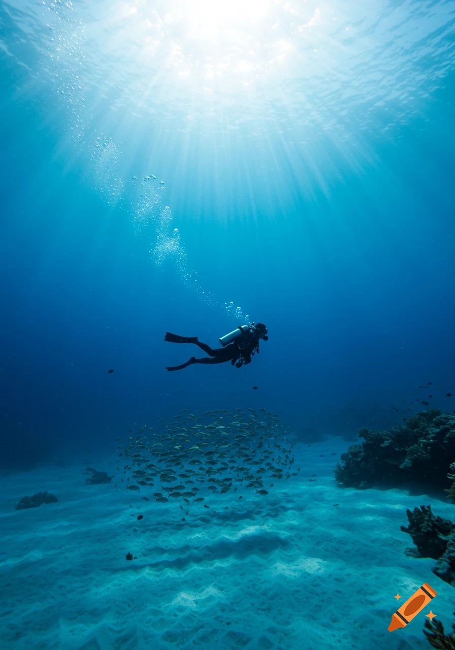 A scuba diver swims in deep blue ocean water, with sun rays from above illuminating a school of fish, a sandy seabed, and coral.