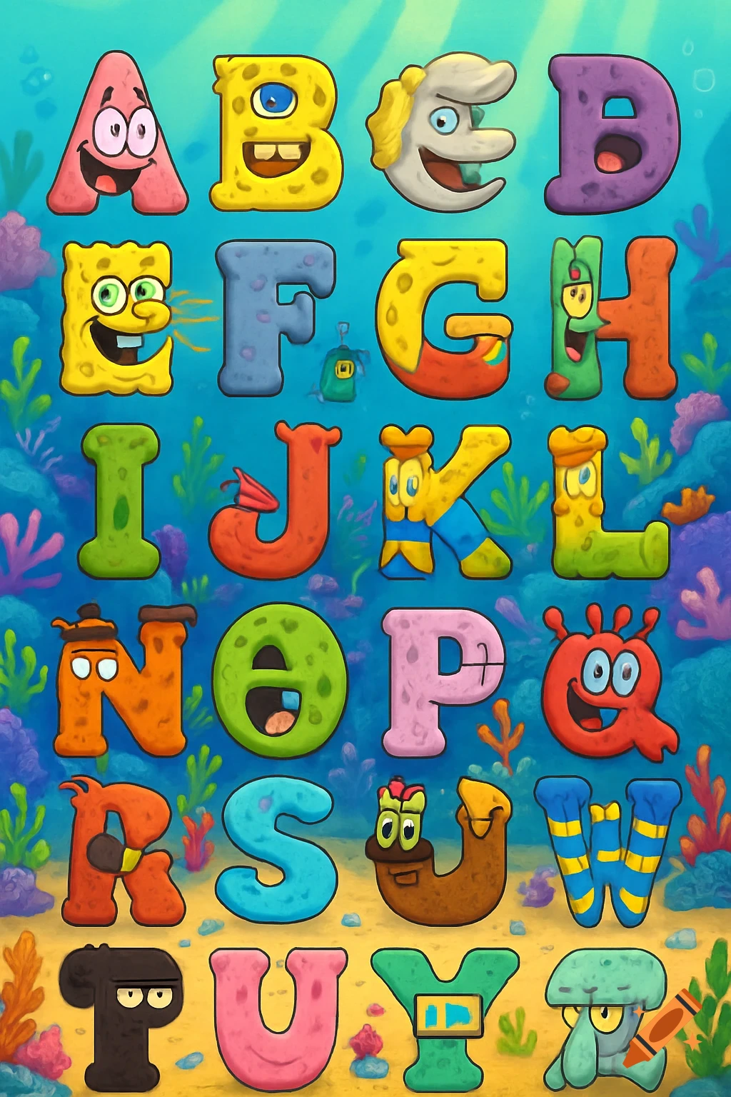 A colorful alphabet with each letter uniquely stylized as a different SpongeBob SquarePants character, set in an underwater scene.