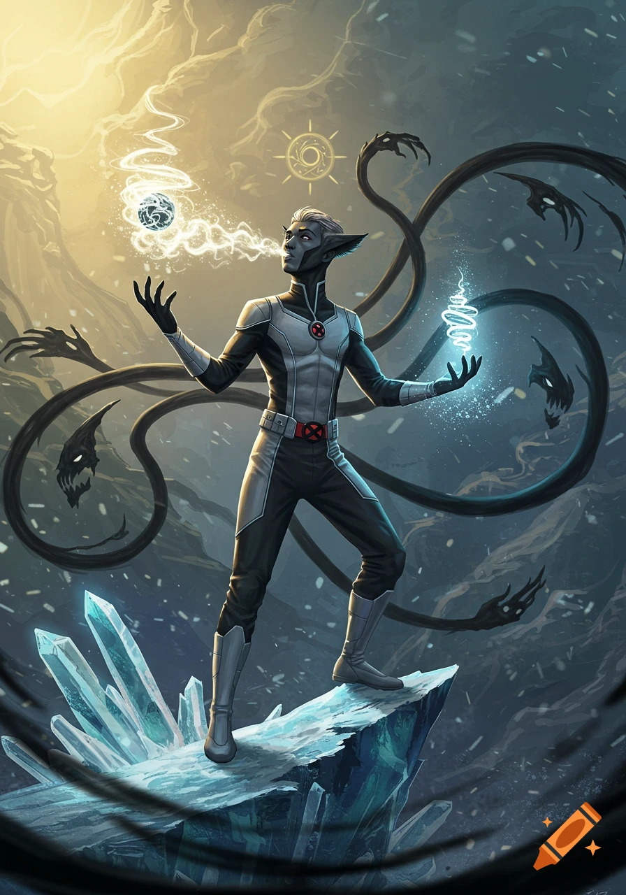A grey-skinned mutant in an X-Men uniform stands on ice crystals, breathing frost and conjuring magic, with shadowy tendrils behind him in a fantastical setting.