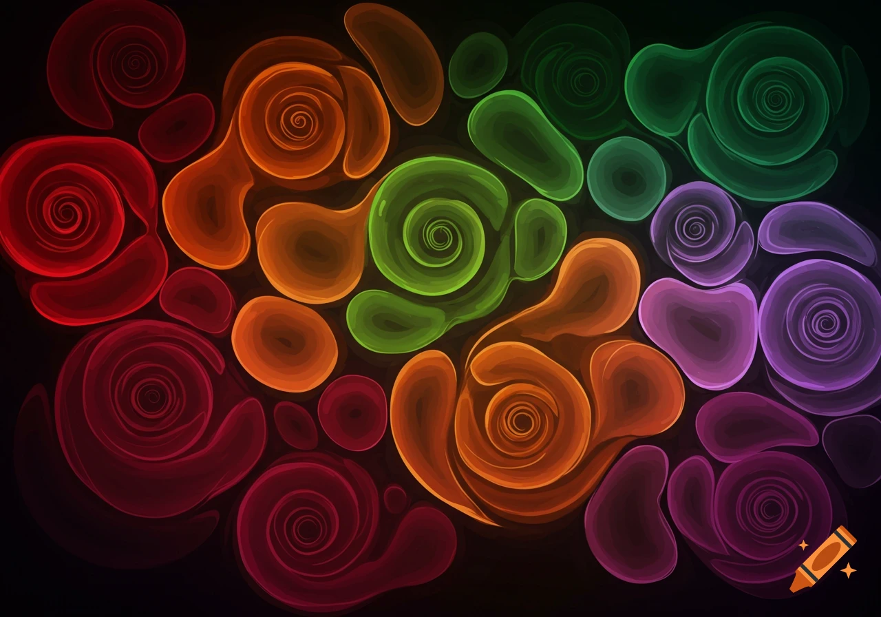 Abstract pattern of colorful, glowing, organic, swirling shapes in red, orange, green, and purple on a dark background.