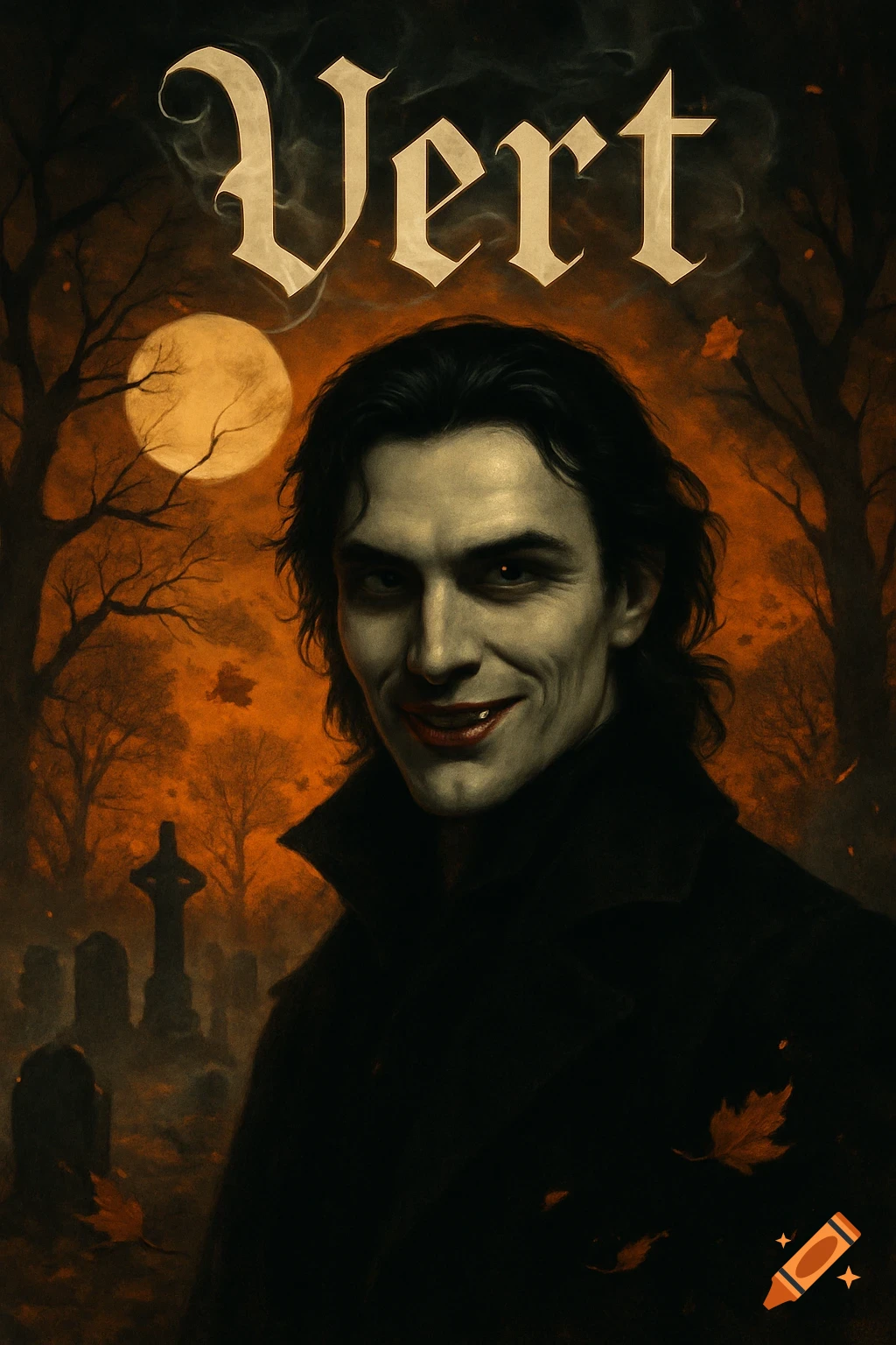 A photorealistic image of a vampire-like man with a sly smile and red lips, standing in a graveyard under a full moon, with the word "Vert" at the top.