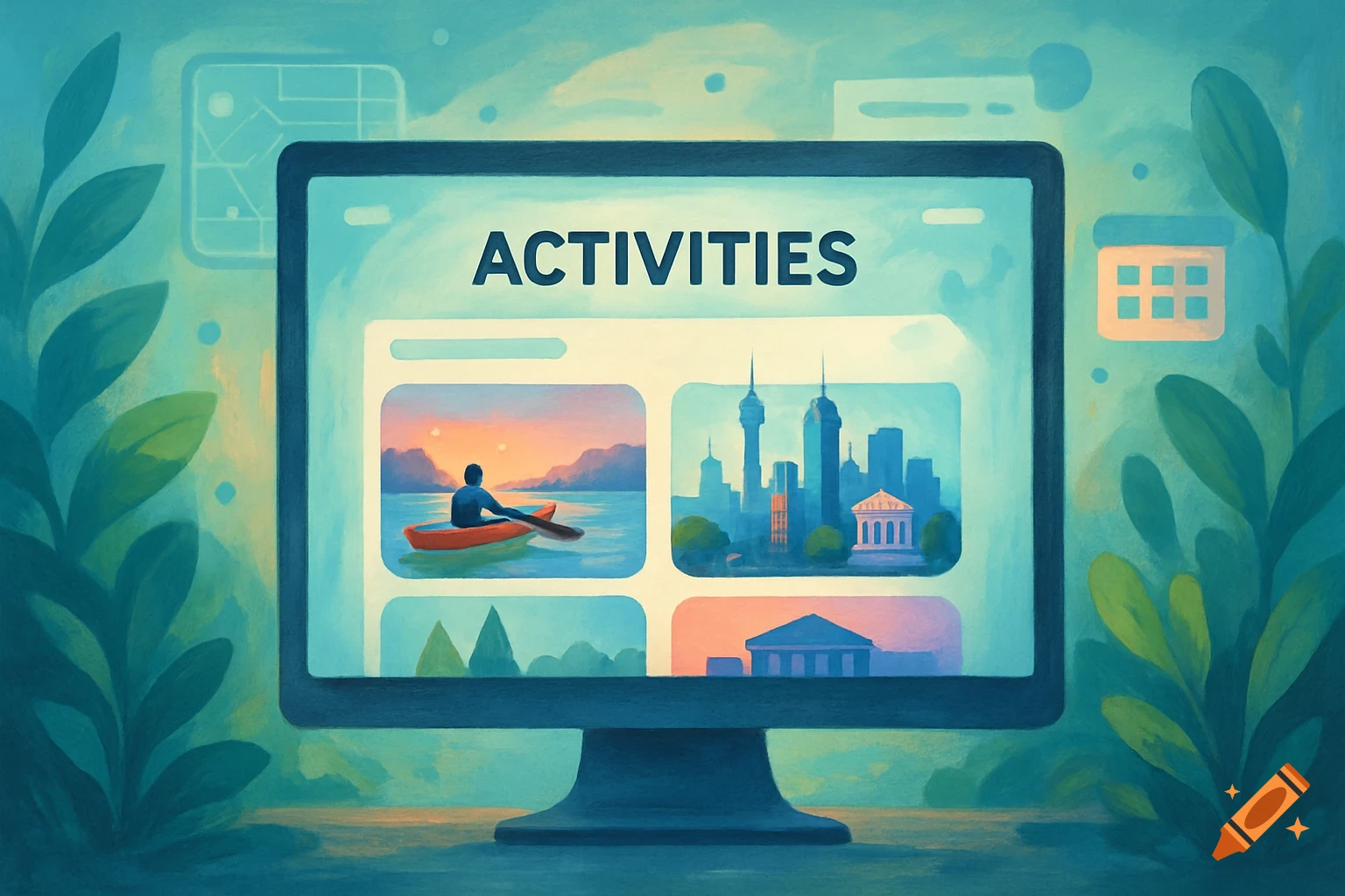 A monitor displays an 'ACTIVITIES' app with images of kayaking, a cityscape, and nature, in a painterly style.